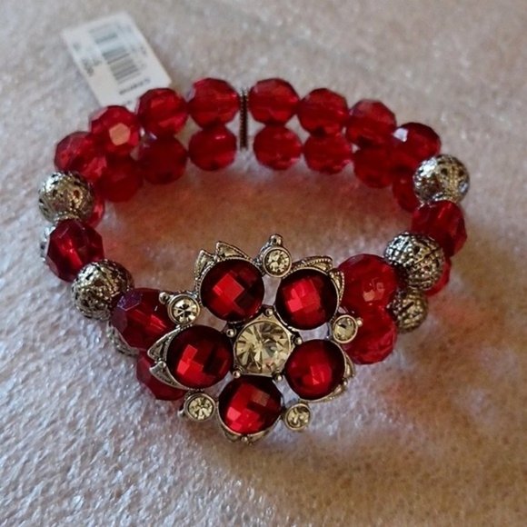1928 Jewelry - 1928 Red  Beaded Silver Tone Stretch Bracelet  -   NWT